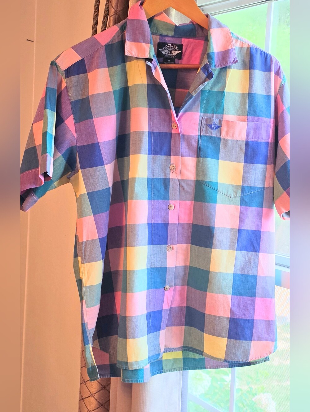 Dockers Pastel Multi-Check Short-Sleeve Button-Down Shirt 100% Cotton Size M